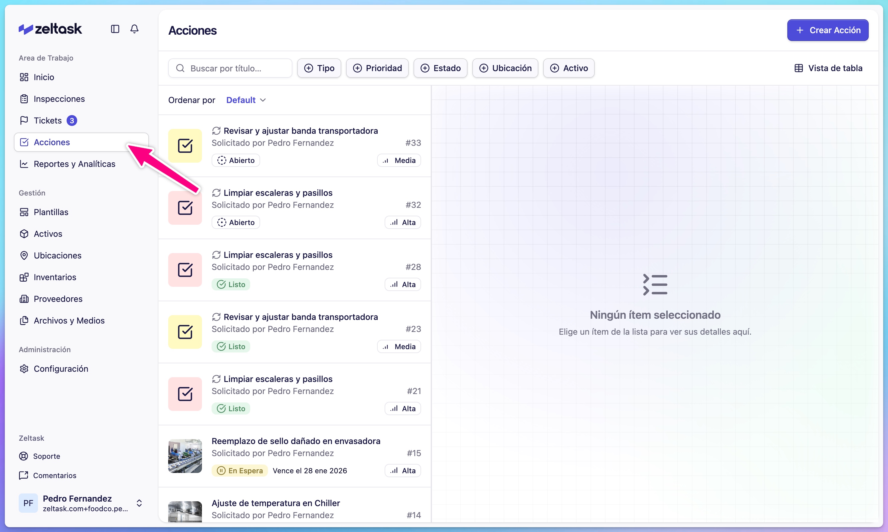 Sidebar with Actions menu item highlighted